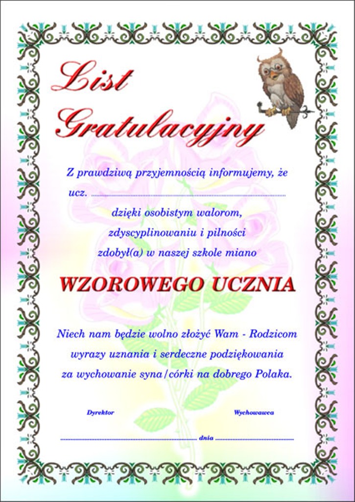 Dyplom Wzorowy Uczeń 10