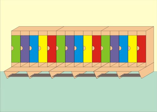 Szatnia przedszkolna z ławką 5-osobowa 120+30h x 150 x 30/60 fronty płyta fronty MDF kolor